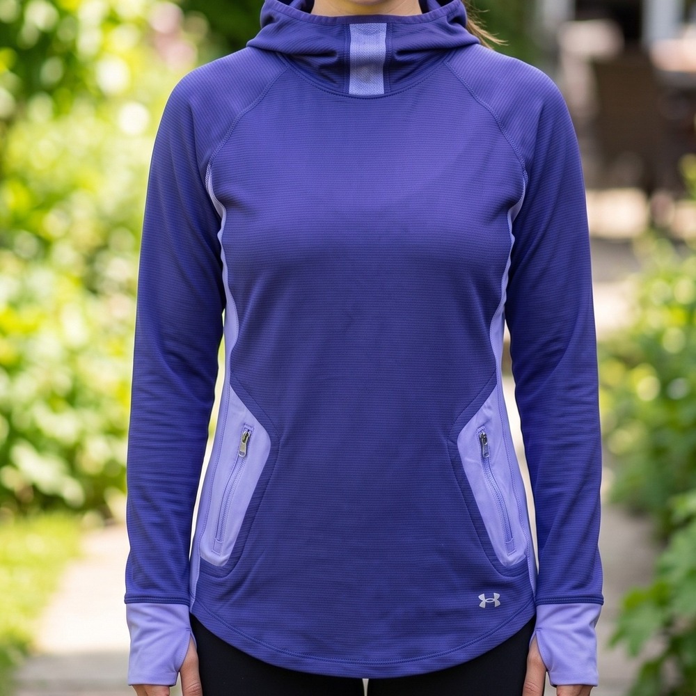 Under Armour ColdGear Purple Scuba Hoodie Thumbhole‎ Running Pullover Reflective
